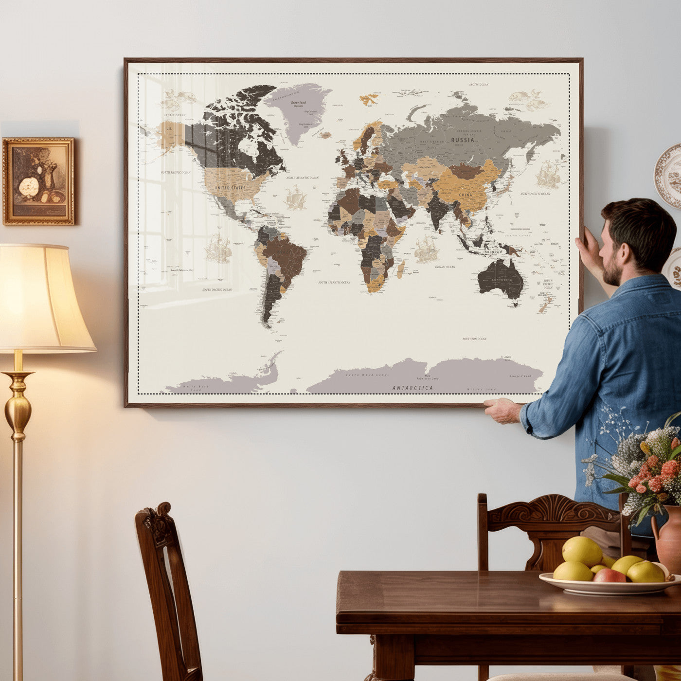 58777746-MGV-CV-36X24 - World Map Wall Art Canvas Print, Modern Decorative Framed Map Artwork Prints for Living Room, Office, Bedroom Wall Decor