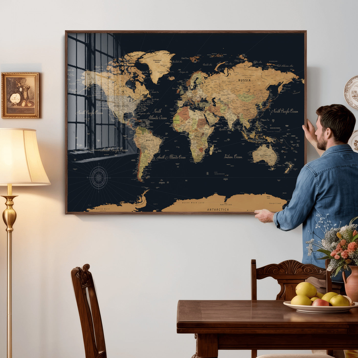 87280374-MGV-CV-36X24 - World Map Wall Art Canvas Print, Modern Decorative Framed Map Artwork Prints for Living Room, Office, Bedroom Wall Decor