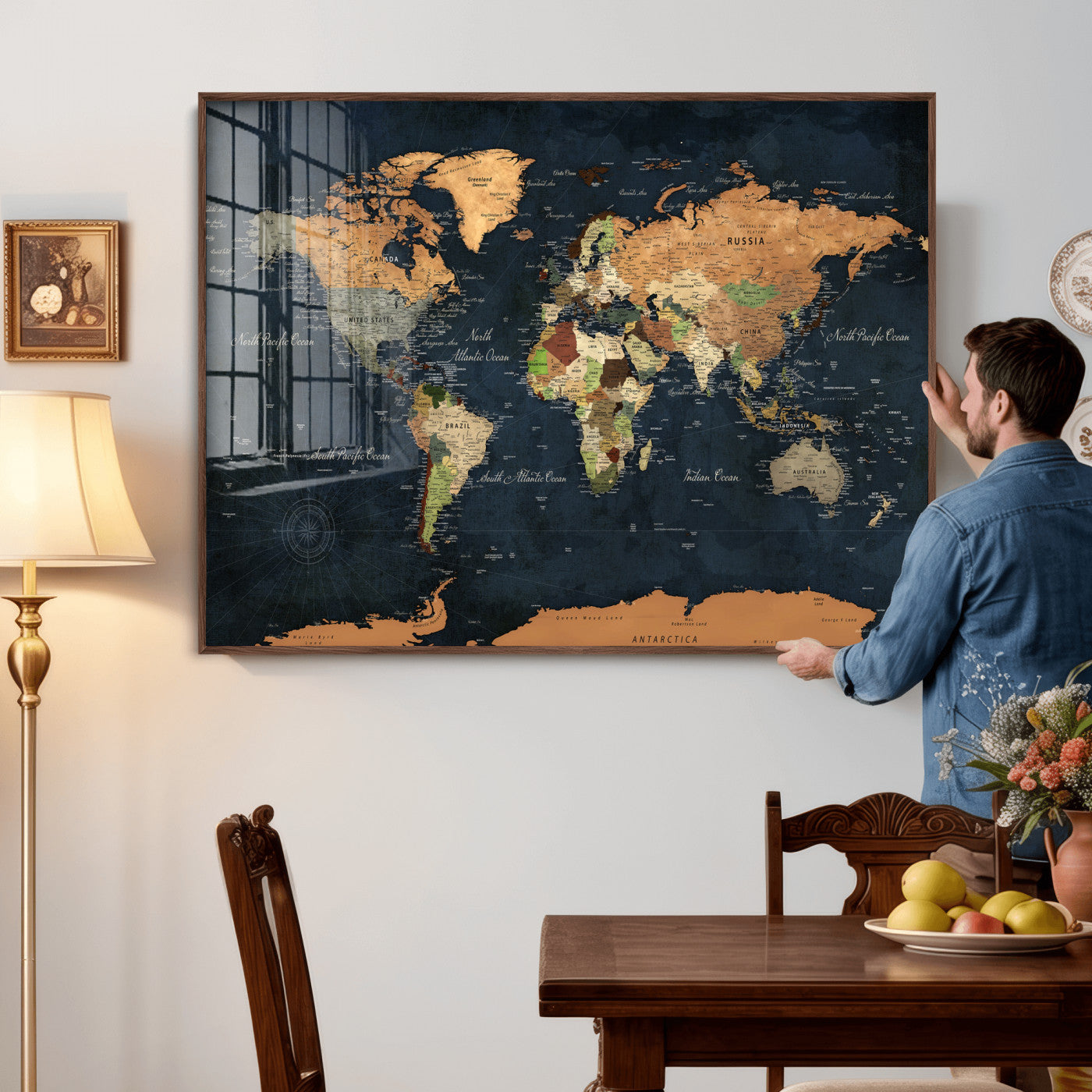 53717402-MGV-CV-36X24 - World Map Wall Art Canvas Print, Modern Decorative Framed Map Artwork Prints for Living Room, Office, Bedroom Wall Decor