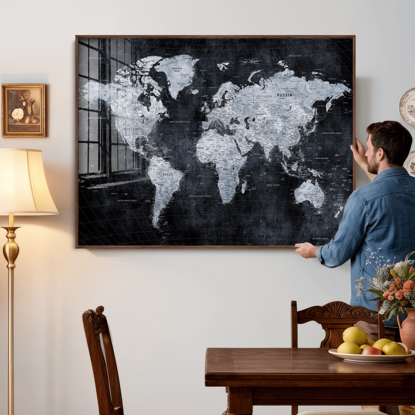 86893704-MGV-CV-36X24 - World Map Wall Art Canvas Print, Modern Decorative Framed Map Artwork Prints for Living Room, Office, Bedroom Wall Decor