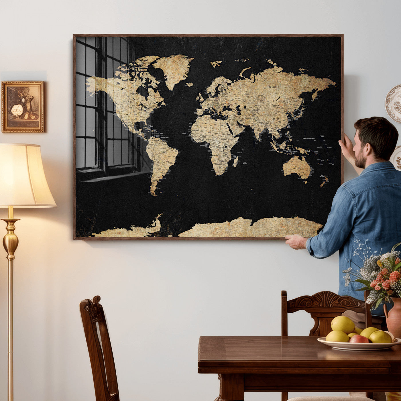 71518849-MGV-CV-36X24 - World Map Wall Art Canvas Print, Modern Decorative Framed Map Artwork Prints for Living Room, Office, Bedroom Wall Decor