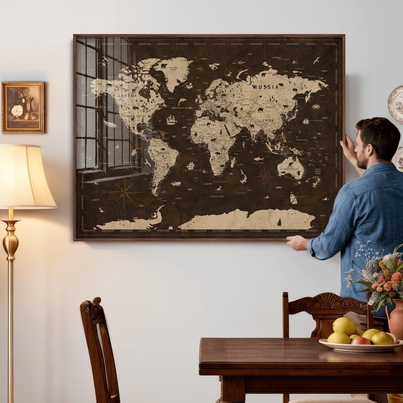 44276398-MGV-CV-36X24 - World Map Wall Art Canvas Print, Modern Decorative Framed Map Artwork Prints for Living Room, Office, Bedroom Wall Decor