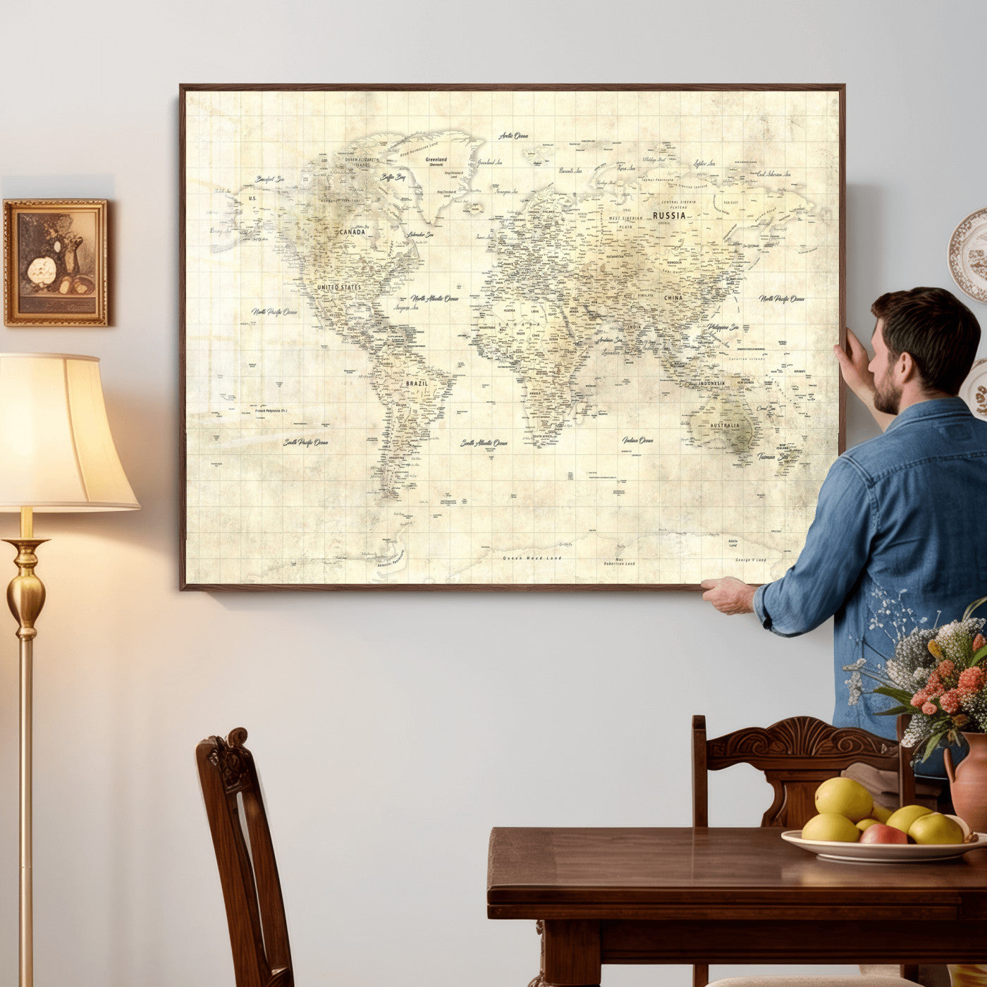 17101439-MGV-CV-36X24 - World Map Wall Art Canvas Print, Modern Decorative Framed Map Artwork Prints for Living Room, Office, Bedroom Wall Decor