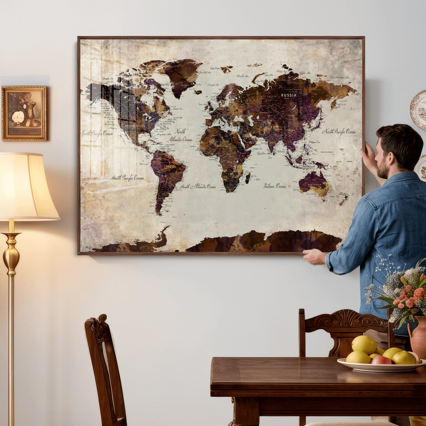50611123-MGV-CV-36X24 - World Map Canvas Triptych – Colorful Global Wall Art for Living Rooms, Offices, and Study Spaces