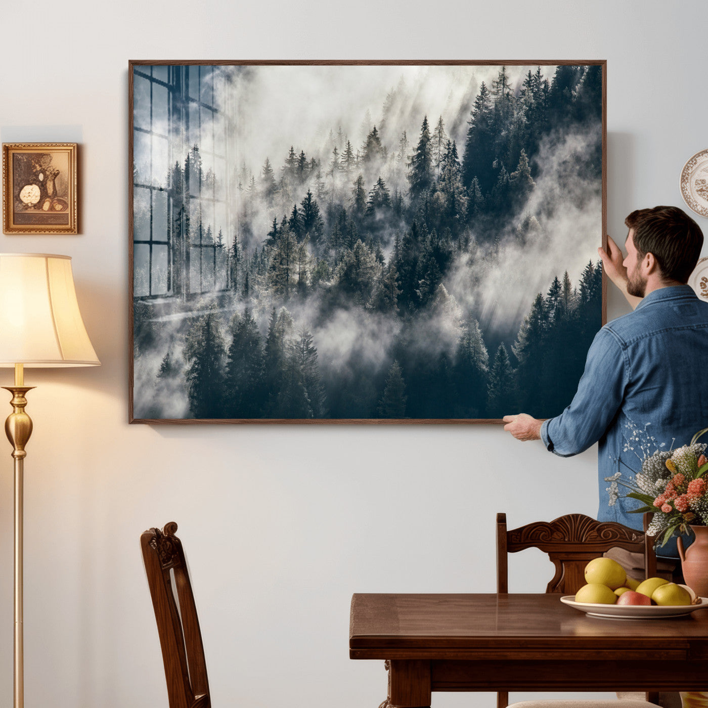 63405824-MGV-CV-36X24 - Foggy Mountain Forest Canvas Print, Misty Pine Trees Nature Wall Art, Framed Canvas Ready to Hang