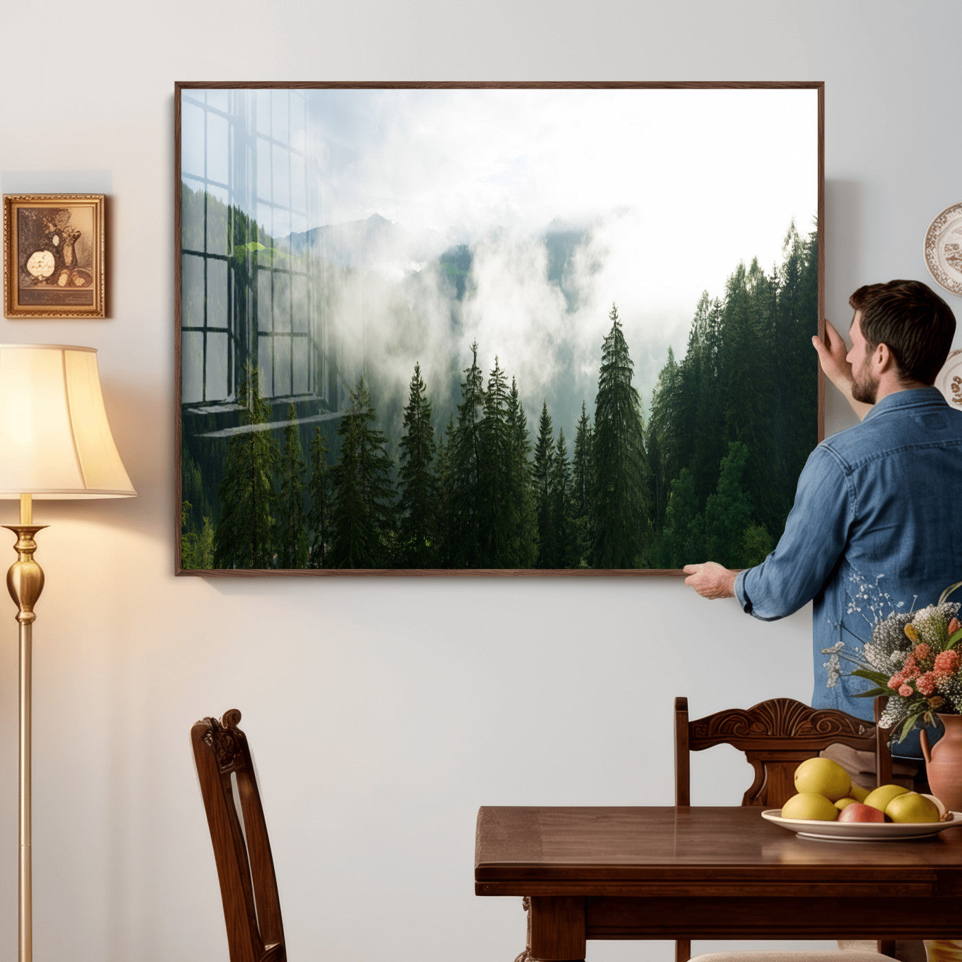 67174129-MGV-CV-36X24 - Misty Mountain Forest Canvas Print, Foggy Pine Trees Nature Wall Art, Framed Canvas Ready to Hang