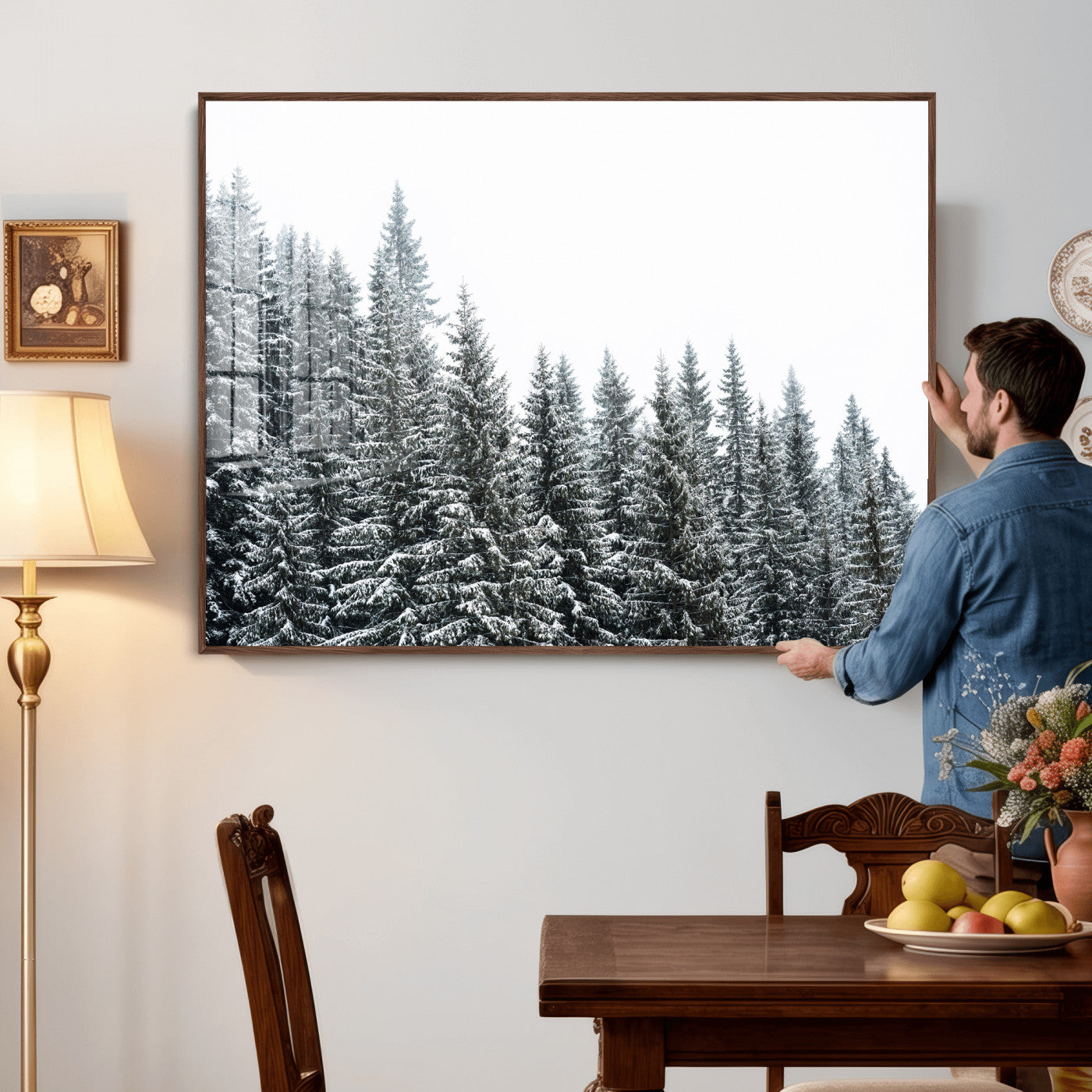 69566941-MGV-CV-36X24 - Misty Mountain Forest Canvas Print, Foggy Pine Trees Nature Wall Art, Framed Canvas Ready to Hang