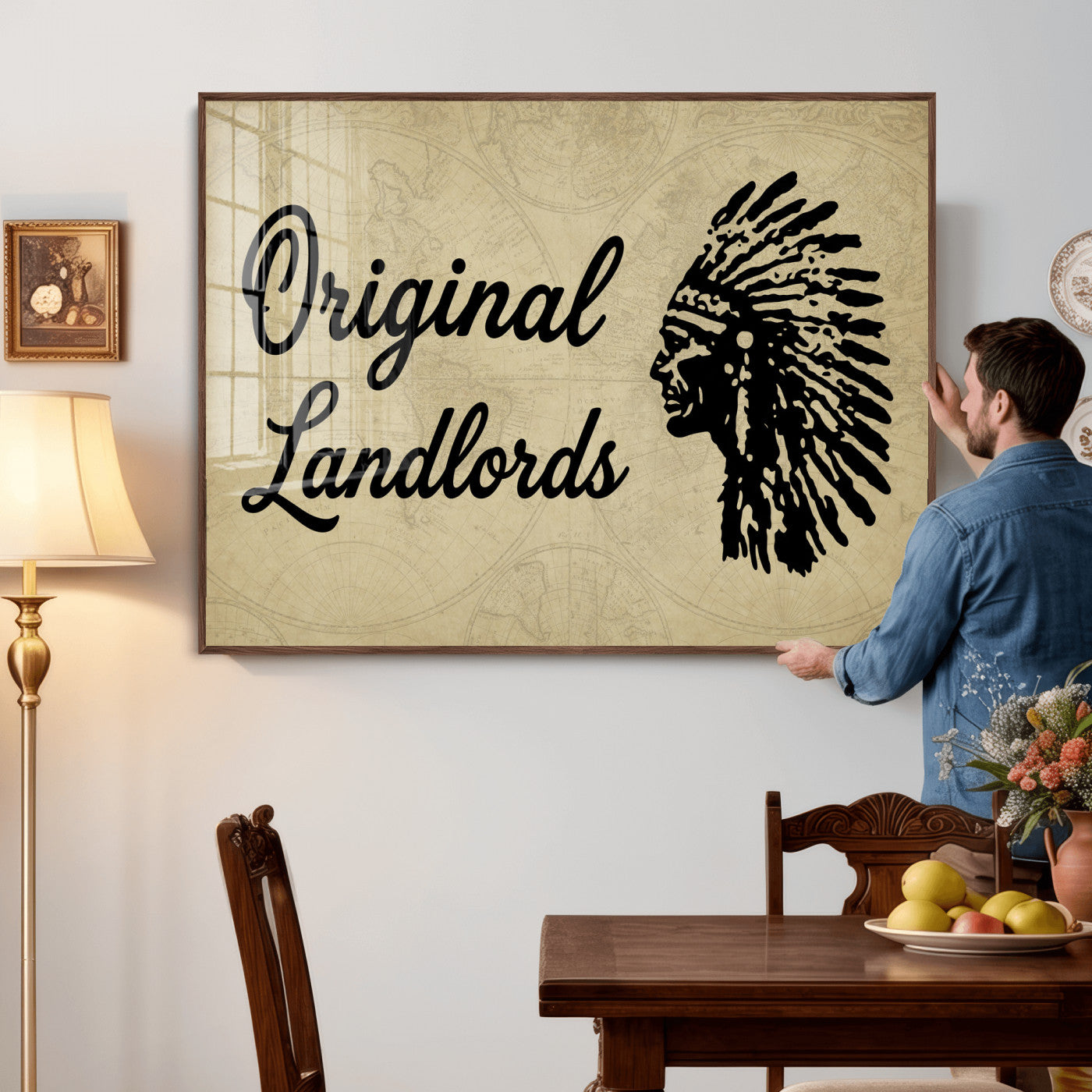 56844712-MGV-CV-36X24 - Original Landlords Wall Art Canvas Print, Native American Silhouette Artwork, Framed Wall Art Ready to Hang