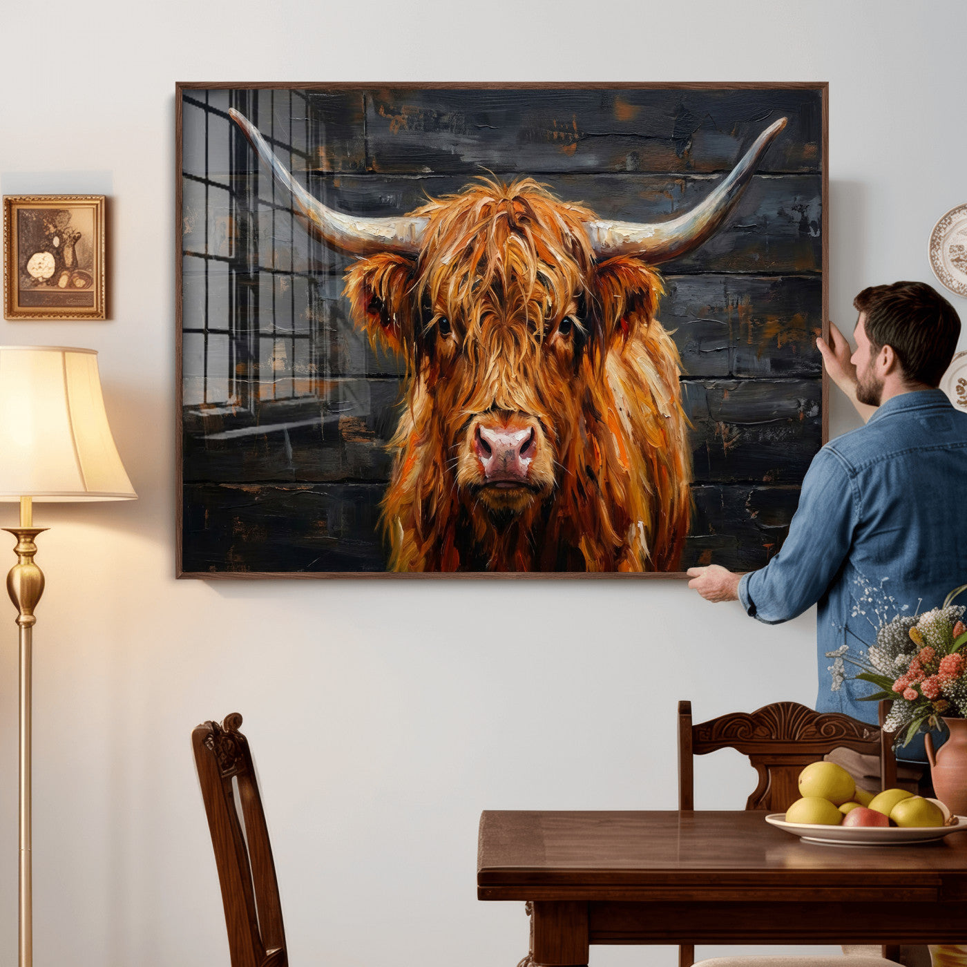 32536611-MGV-CV-36X24 - Highland Cow Wall Art Canvas Print, Rustic Farm Animal Painting, Framed Wall Art Ready to Hang