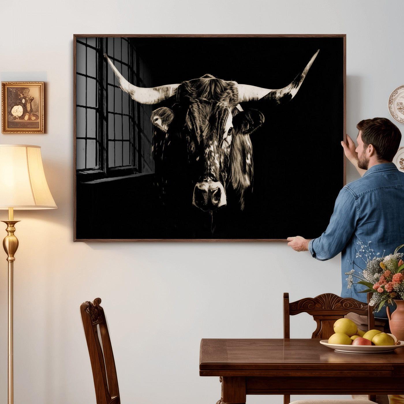 75774468-MGV-CV-36X24 - Black Bull Wall Art Canvas Print, Dark Longhorn Portrait Photography, Framed Wall Art Ready to Hang