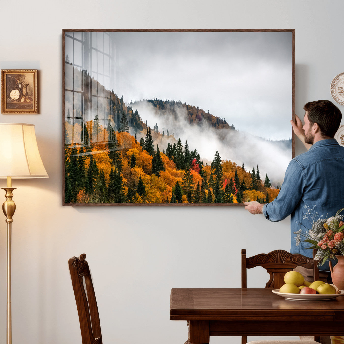 93581632-MGV-CV-36X24 - Autumn Forest Wall Art Canvas Print, Foggy Mountain Landscape Nature Photography, Framed Wall Art Ready to Hang