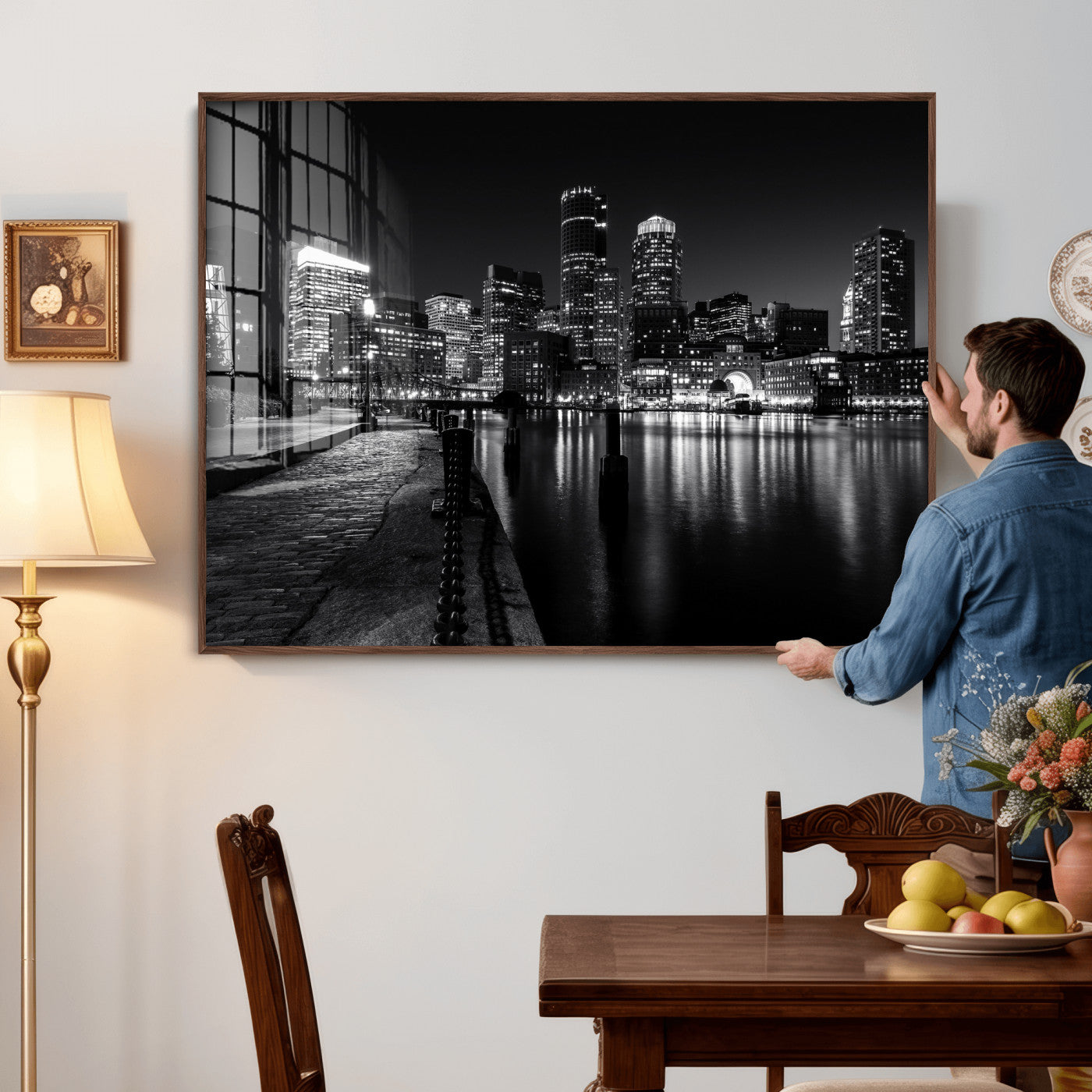 53082656-MGV-CV-36X24 - Boston Wall Art Canvas Print, Boston City Downtown Night Cityscape Print for Modern Urban Wall Decor