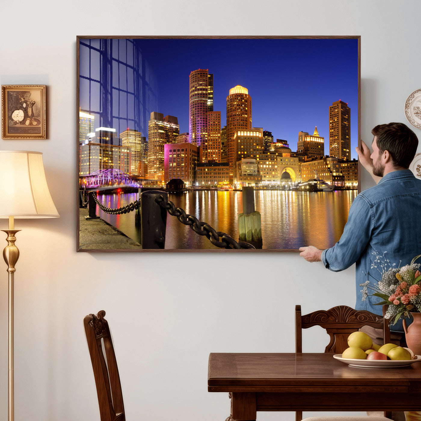 56611117-MGV-CV-36X24 - Boston Wall Art Canvas Print, Boston City Downtown Night Cityscape Print for Modern Urban Wall Decor
