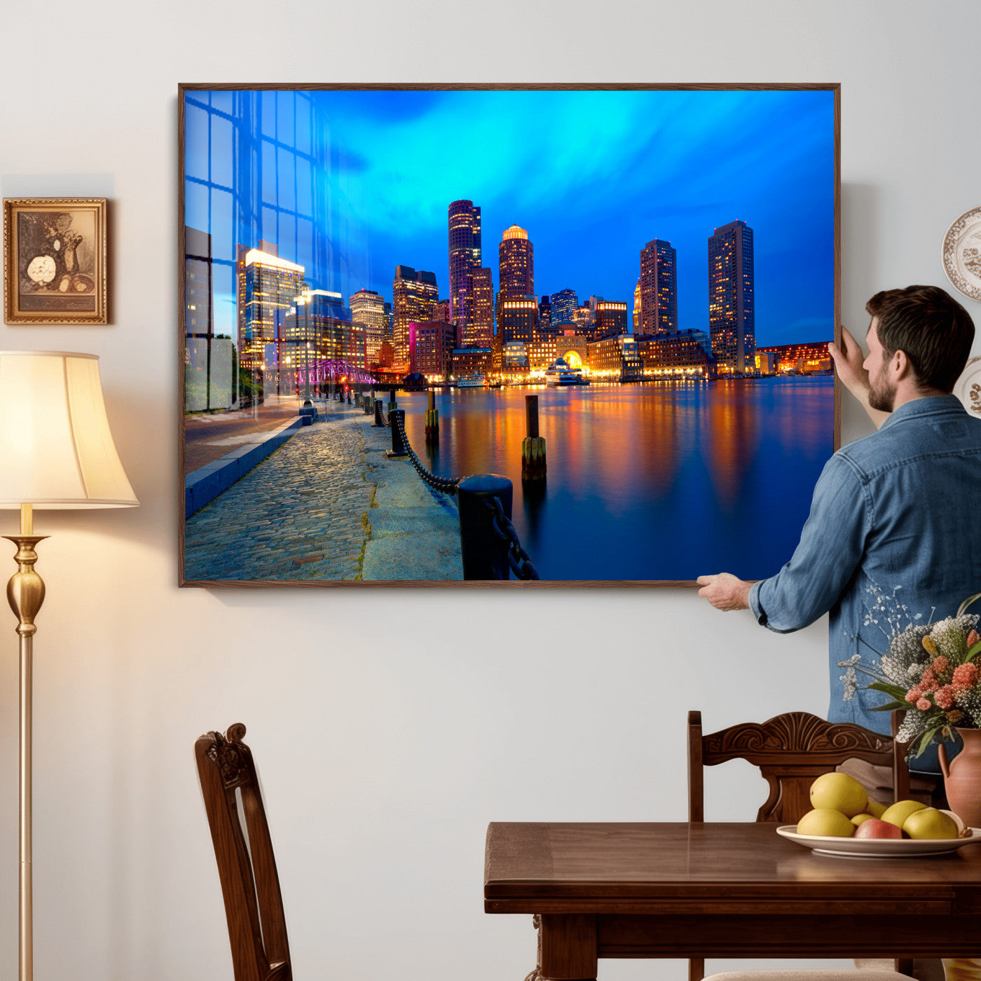 69619565-MGV-CV-36X24 - Boston Wall Art Canvas Print, Boston City Downtown Night Cityscape Print for Modern Urban Wall Decor