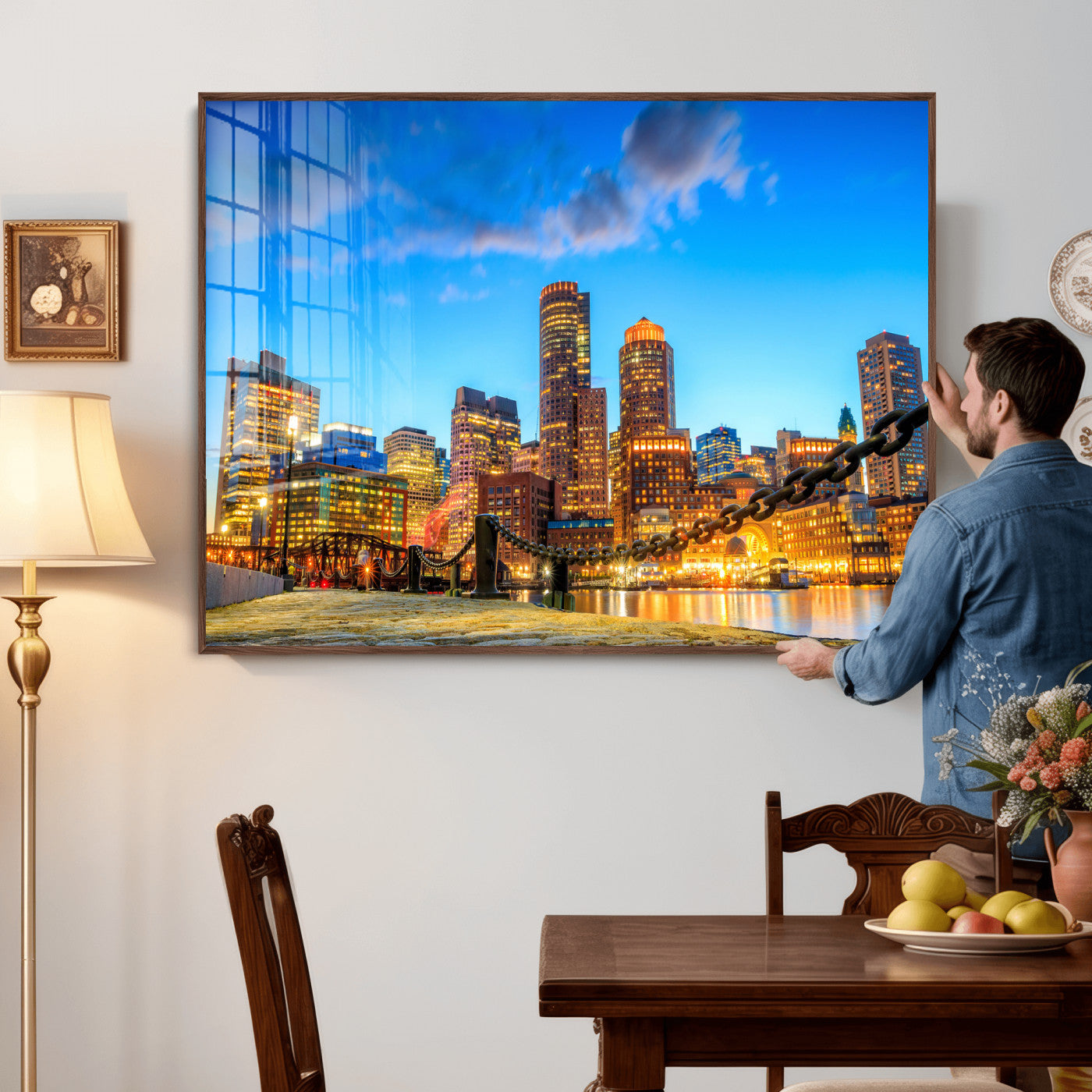 46736409-MGV-CV-36X24 - Boston Wall Art Canvas Print, Boston City Downtown Night Cityscape Print for Modern Urban Wall Decor