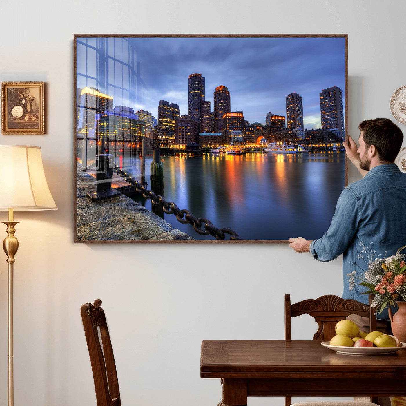 82439622-MGV-CV-36X24 - Boston Wall Art Canvas Print, Boston City Downtown Night Cityscape Print for Modern Urban Wall Decor