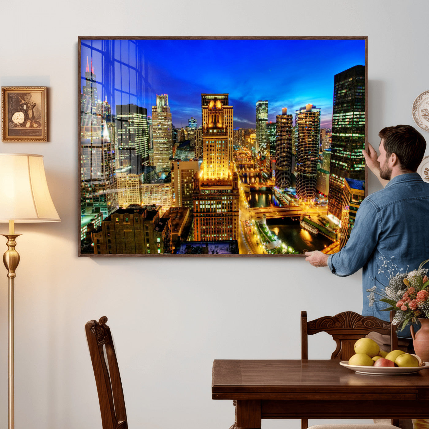 46298885-MGV-CV-36X24 - Chicago Wall Art Canvas Print, Chicago City Downtown Night Cityscape Print for Modern Urban Wall Decor