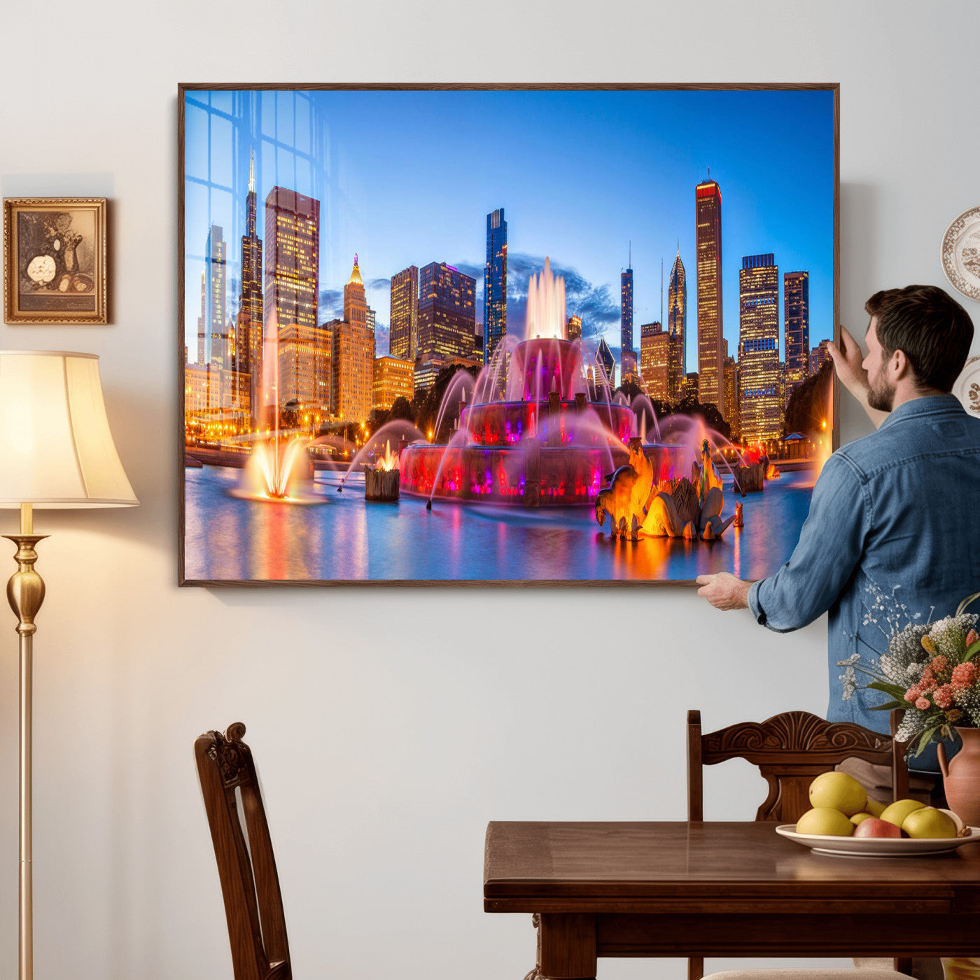 20251989-MGV-CV-36X24 - Chicago Wall Art Canvas Print, Chicago City Downtown Night Cityscape Print for Modern Urban Wall Decor