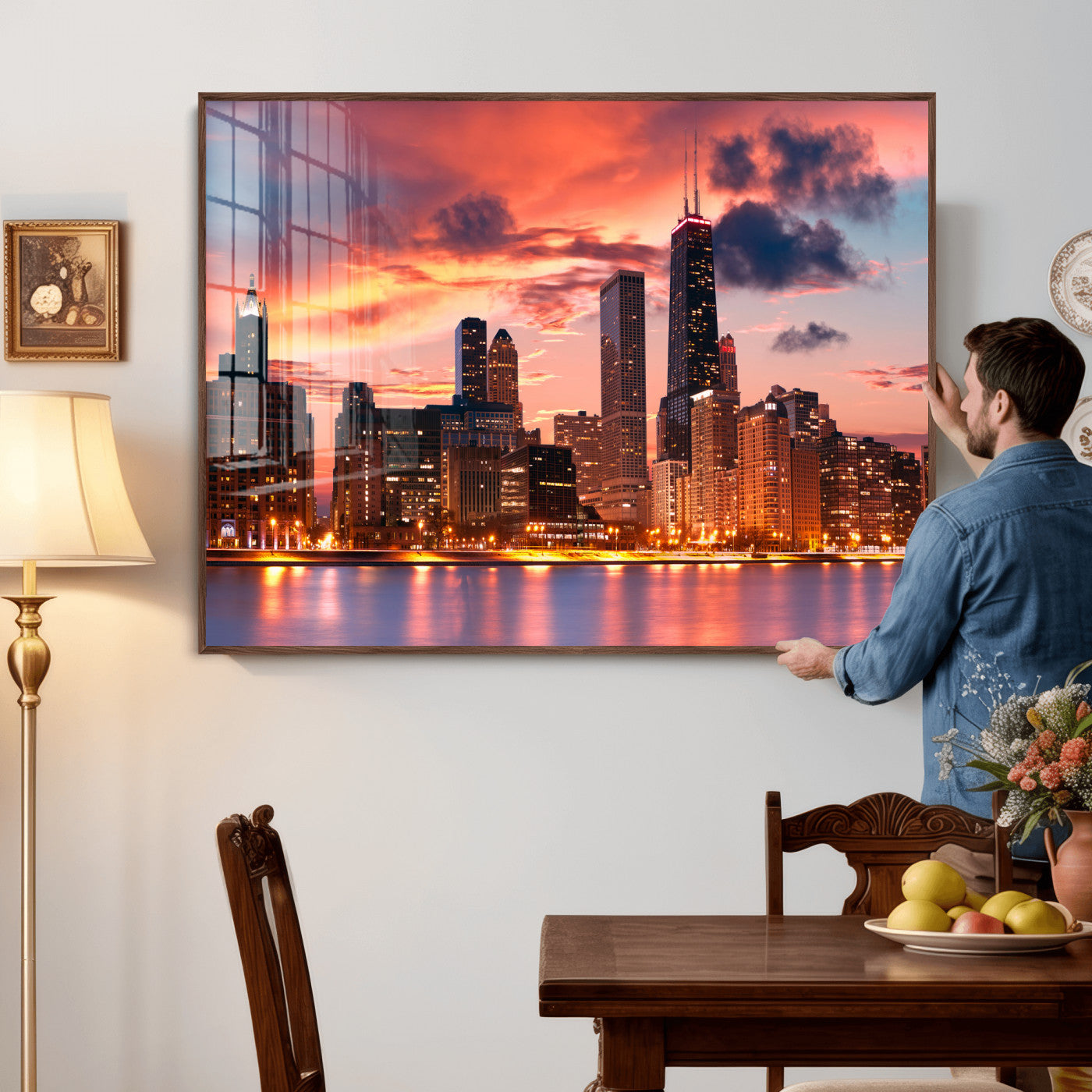 80390109-MGV-CV-36X24 - Chicago Wall Art Canvas Print, Chicago City Downtown Night Cityscape Print for Modern Urban Wall Decor