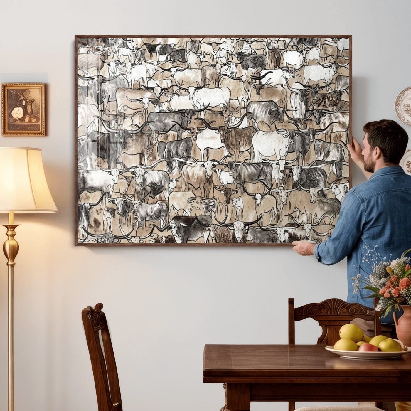 64368752-MGV-CV-36X24 - Farmhouse Animals Wall Art Canvas Print - Abstract Farm Animal Drawing Mid-Century Wall Art for Cabin Decor