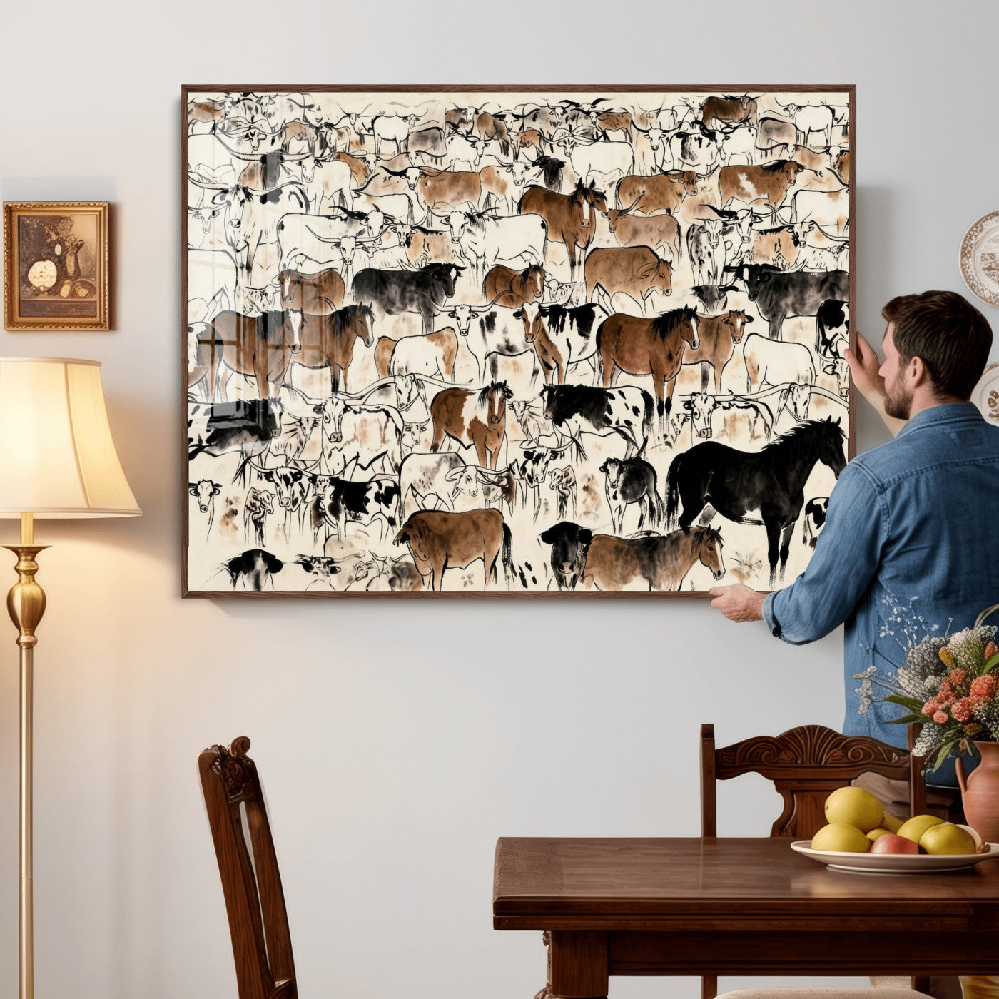 86150485-MGV-CV-36X24 - Farmhouse Animals Wall Art Canvas Print - Abstract Farm Animal Drawing Mid-Century Wall Art for Cabin Decor