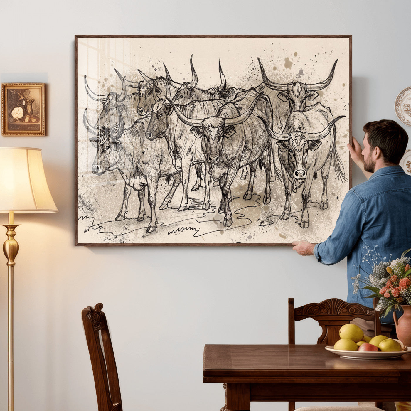 74232558-MGV-CV-36X24 - Farmhouse Animals Wall Art Canvas Print - Abstract Farm Animal Drawing Mid-Century Wall Art for Cabin Decor