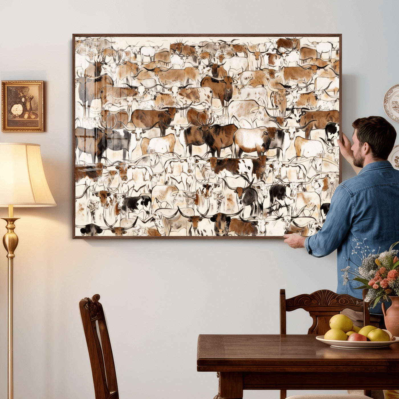 81416572-MGV-CV-36X24 - Farmhouse Animals Wall Art Canvas Print - Abstract Farm Animal Drawing Mid-Century Wall Art for Cabin Decor