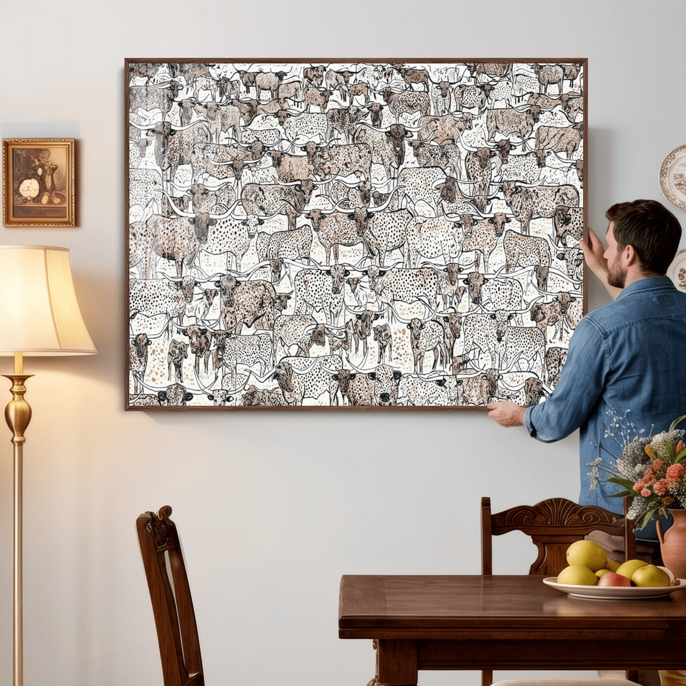 49200255-MGV-CV-36X24 - Farmhouse Animals Wall Art Canvas Print - Abstract Farm Animal Drawing Mid-Century Wall Art for Cabin Decor