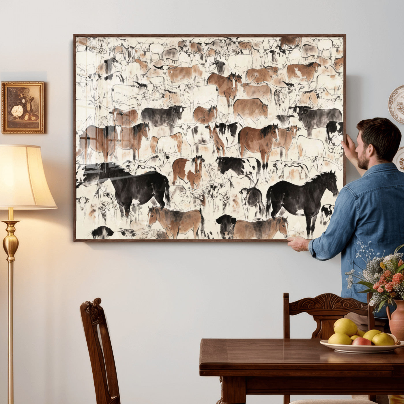 74171578-MGV-CV-36X24 - Farmhouse Animals Wall Art Canvas Print - Abstract Farm Animal Drawing Mid-Century Wall Art for Cabin Decor