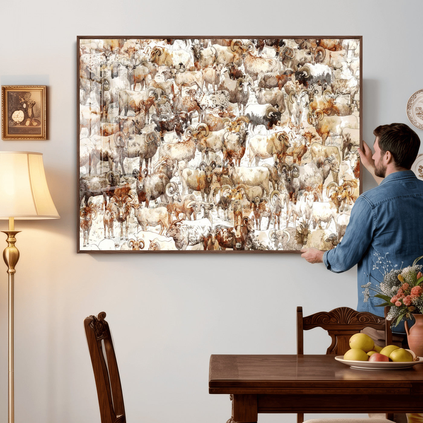 95103864-MGV-CV-36X24 - Farmhouse Animals Wall Art Canvas Print - Abstract Farm Animal Drawing Mid-Century Wall Art for Cabin Decor