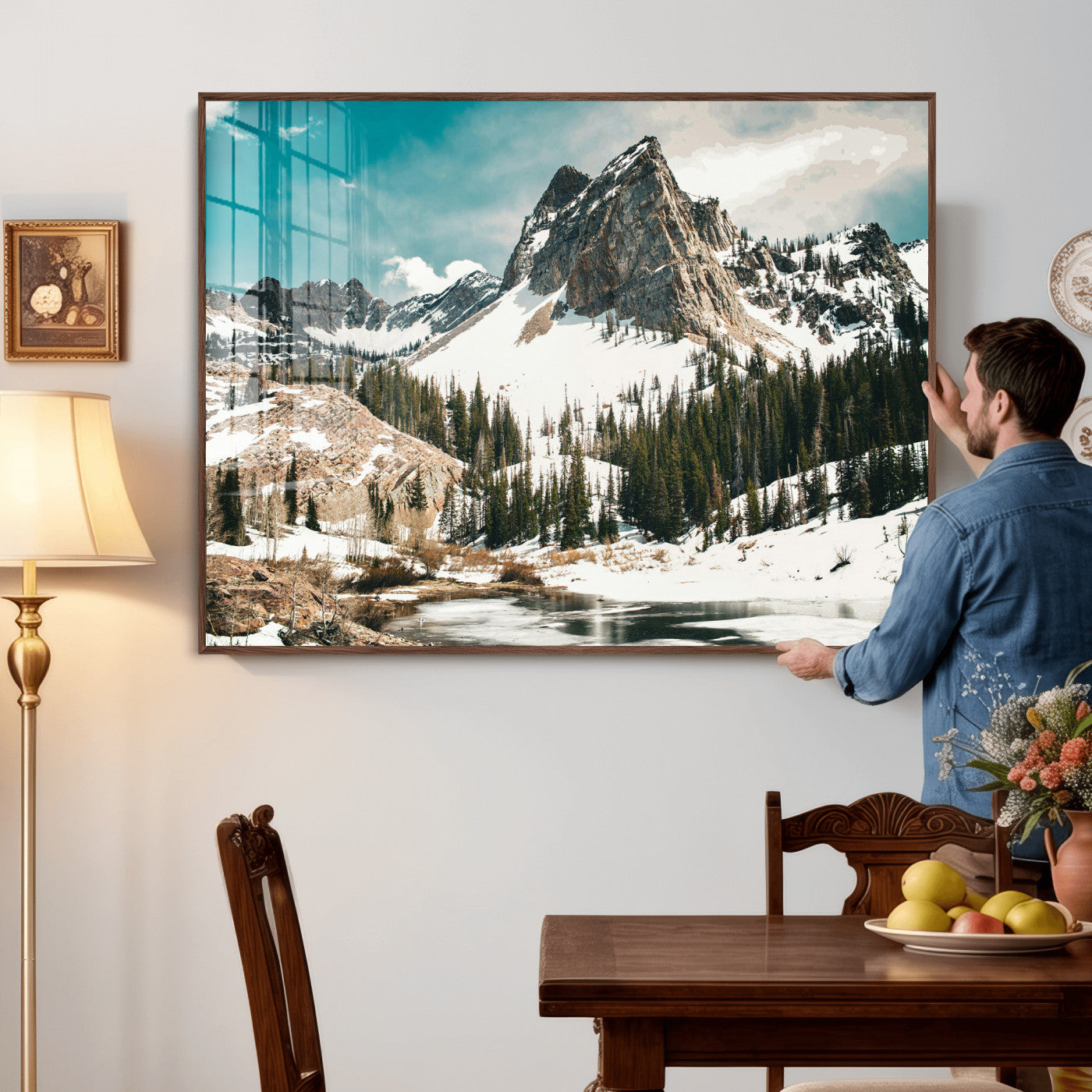 56837070-MGV-CV-36X24 - Snowy Mountain Landscape Wall Art Canvas Print, Alpine Pine Forest Winter Nature Wall Decor for Living Room and Office