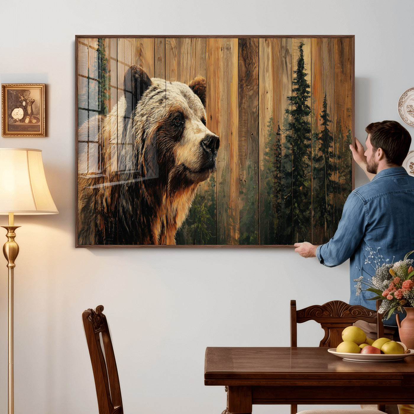 75645180-MGV-CV-36X24 - Grizzly Bear Wall Art Canvas Print, Rustic Wildlife Bear Artwork, Forest Animal Painting, Cabin Lodge Nature Wall Decor