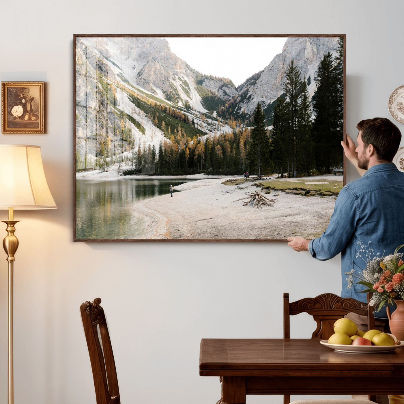 89246758-MGV-CV-36X24 - Lake Braies Alpine Landscape Wall Art Canvas Print, Dolomites Mountain Lake Forest Canvas Print, Italian Alps Scenic Nature Art Printing