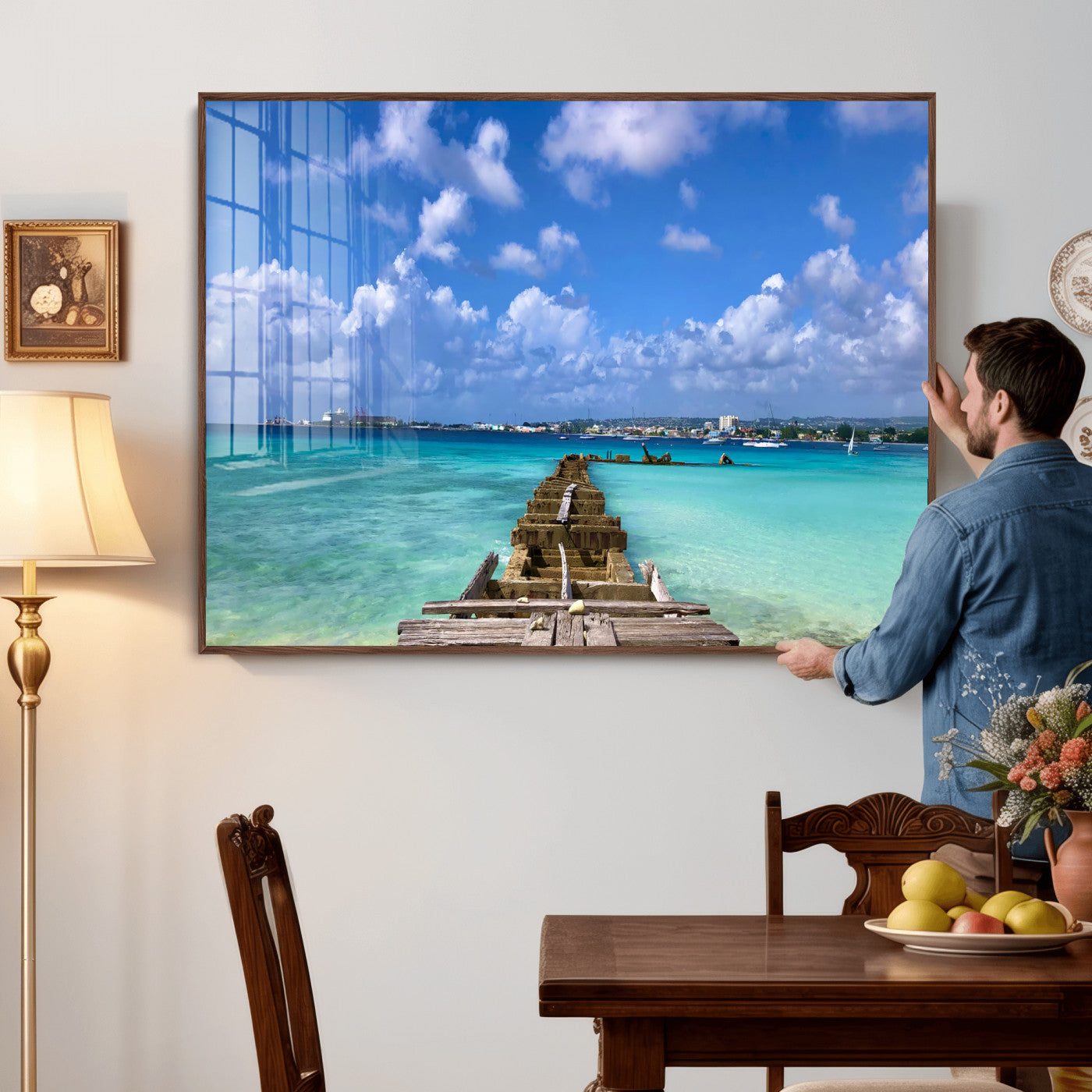 43165024-MGV-CV-36X24 - Caribbean Ocean Pier Seascape Wall Art Canvas Print, Turquoise Sea Tropical Harbor Canvas Print, Island Coastal Blue Water Scenic Art Printing