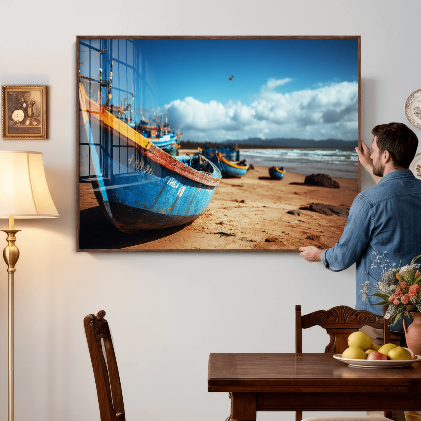70925201-MGV-CV-36X24 - Fishing Boats Wall Art Canvas Print, Coastal Boat Beach Scene, Nautical Seaside Artwork, Ocean Shore Decor, Coastal Home Wall Art