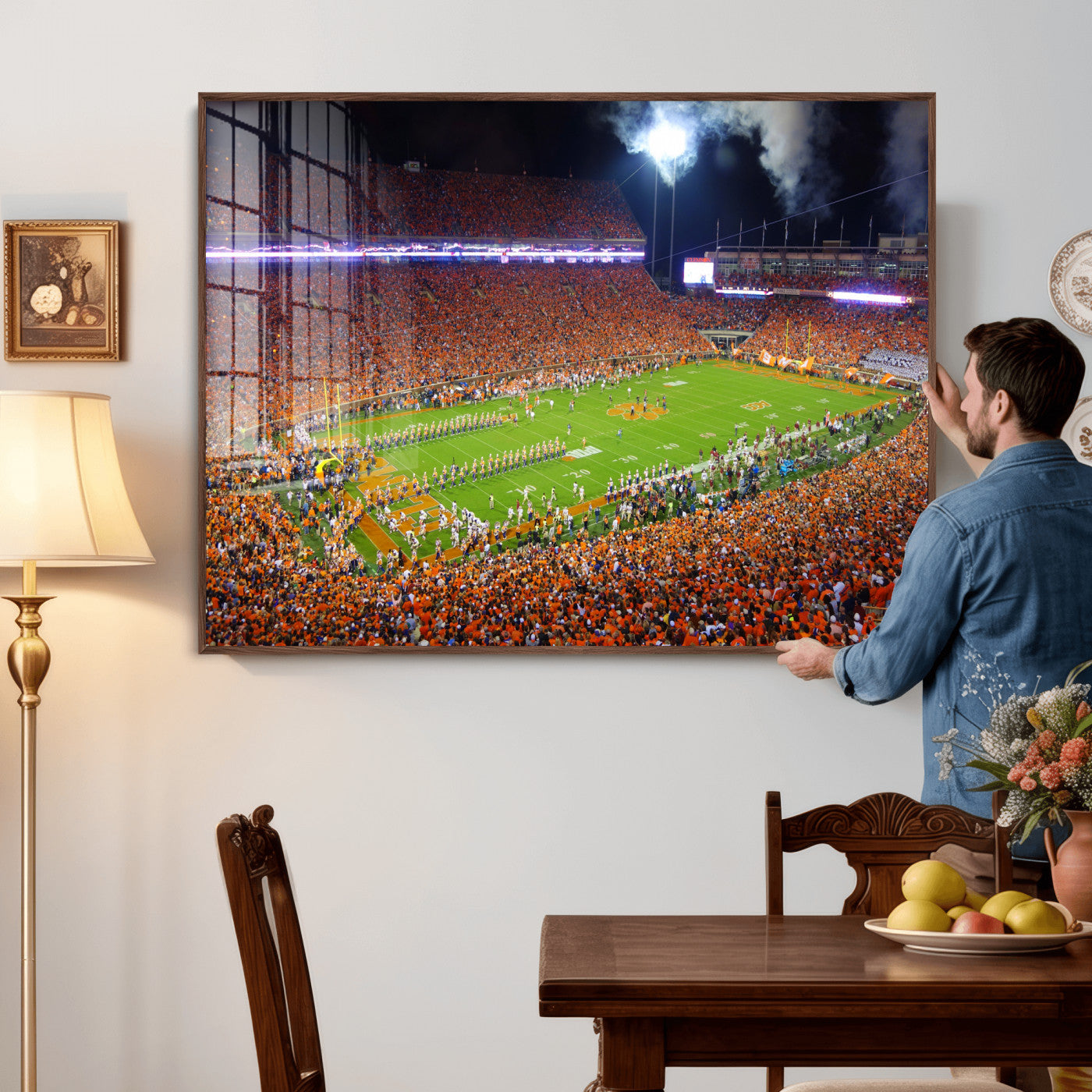 43662631-MGV-CV-36X24 - Clemson Football Stadium Wall Art Canvas Print, College Football Crowd Night Game Scene, Orange Stadium Panorama Wall Decor