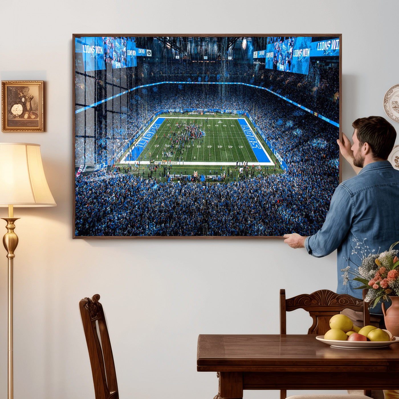80882005-MGV-CV-36X24 - Detroit Lions Stadium Wall Art Canvas Print, Football Field Panorama Artwork, NFL Game Night Stadium Decor