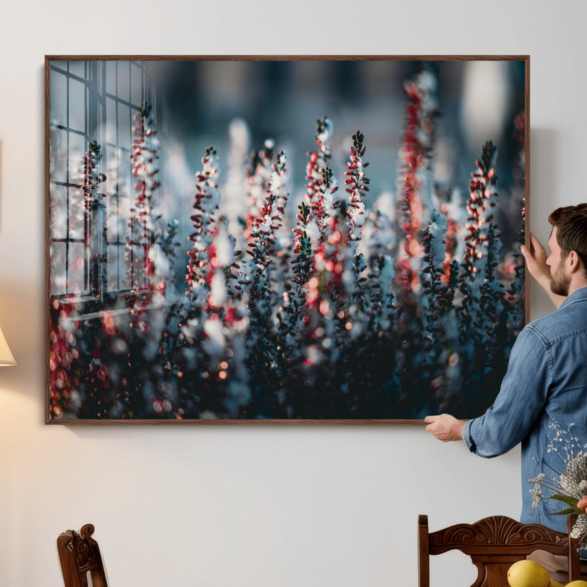 82063935-MGV-CV-36X24 - Winter Heather Wall Art Canvas Print, Frosted Floral Nature Art, Moody Botanical Wall Decor