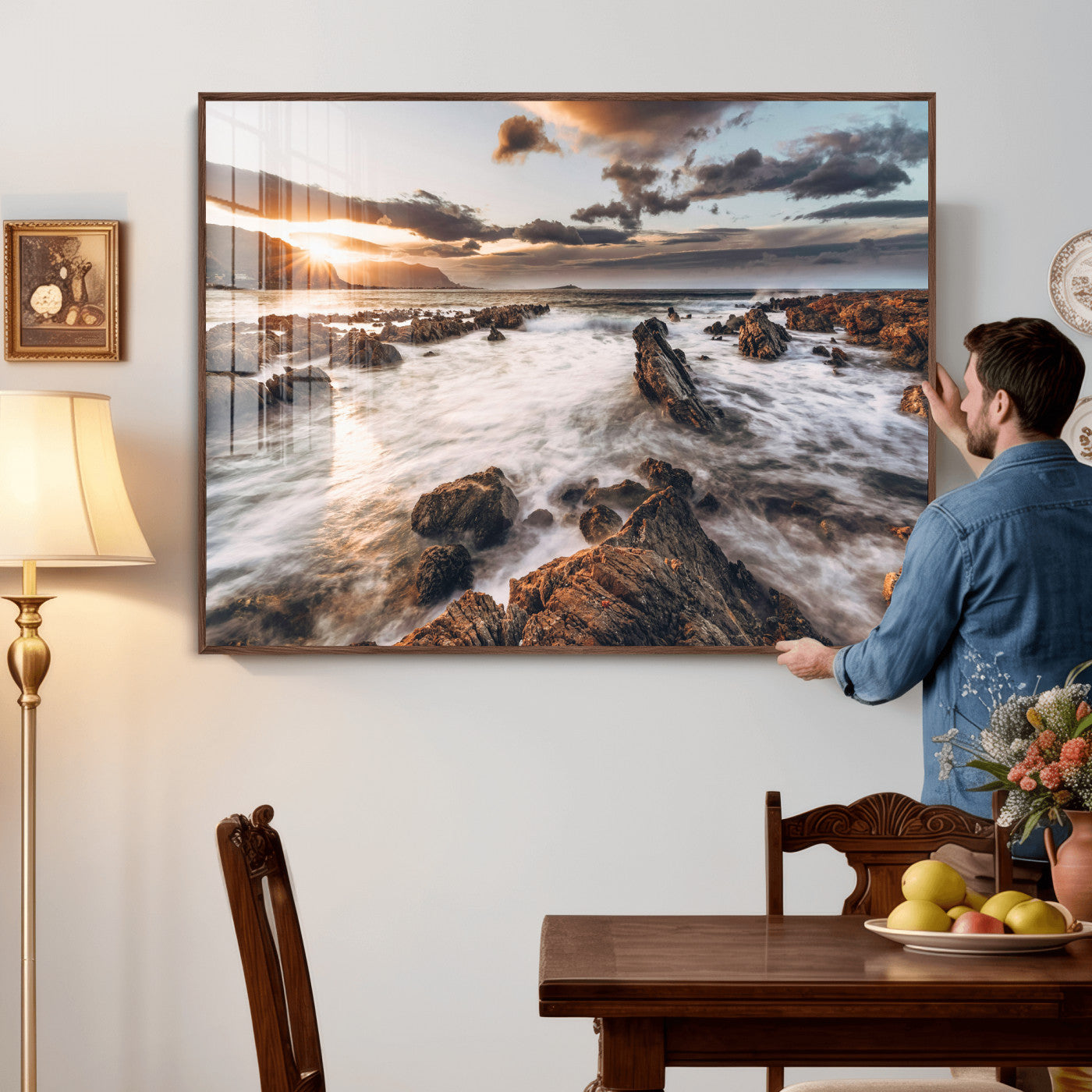 66746024-MGV-CV-36X24 - Rocky Coast Ocean Sunset Wall Art Canvas Print, Dramatic Seascape Nature Wall Decor for Living Room and Office