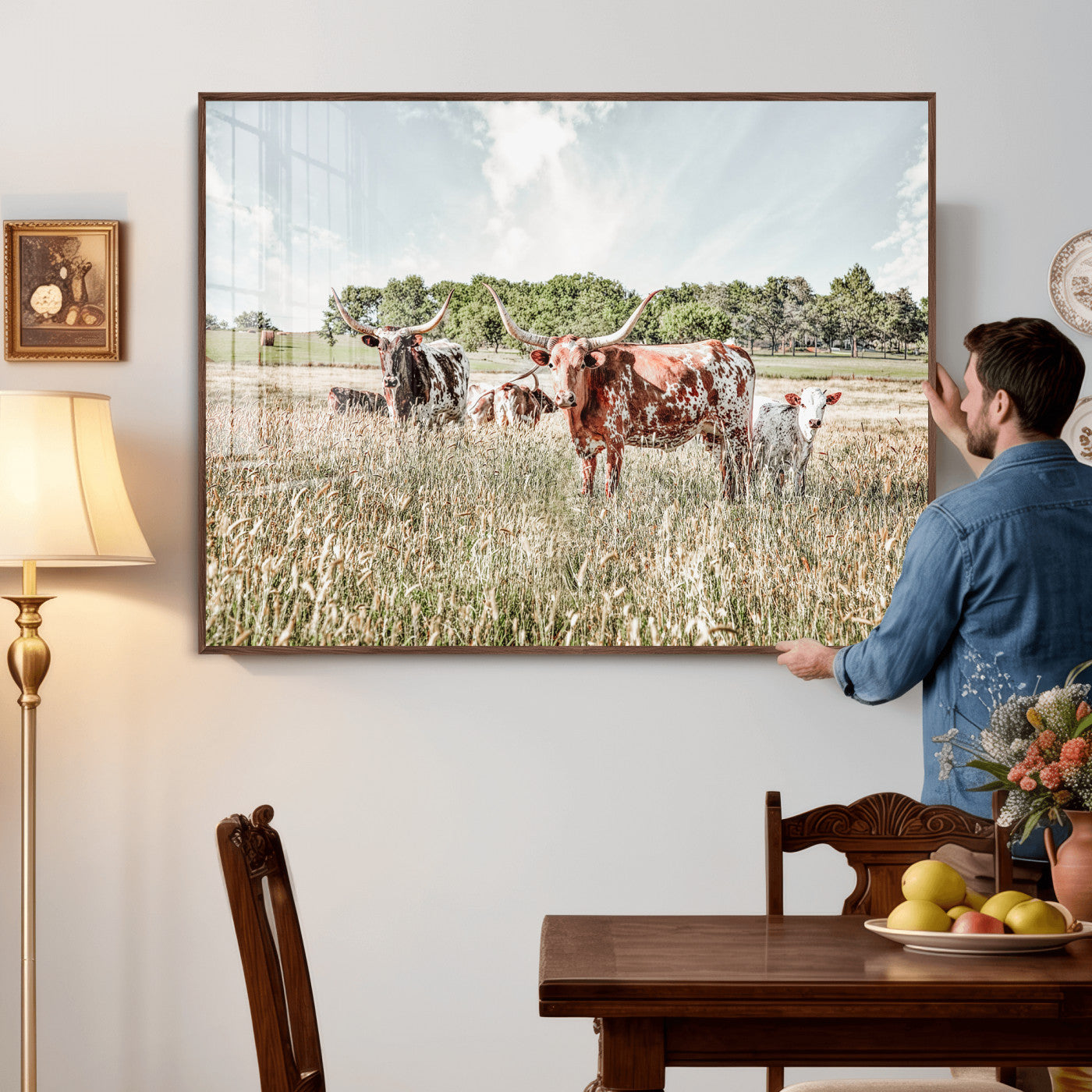 33963645-MGV-CV-36X24 - Texas Longhorn Cattle Wall Art Canvas Print, Western Ranch Landscape Nature Wall Decor for Living Room and Office