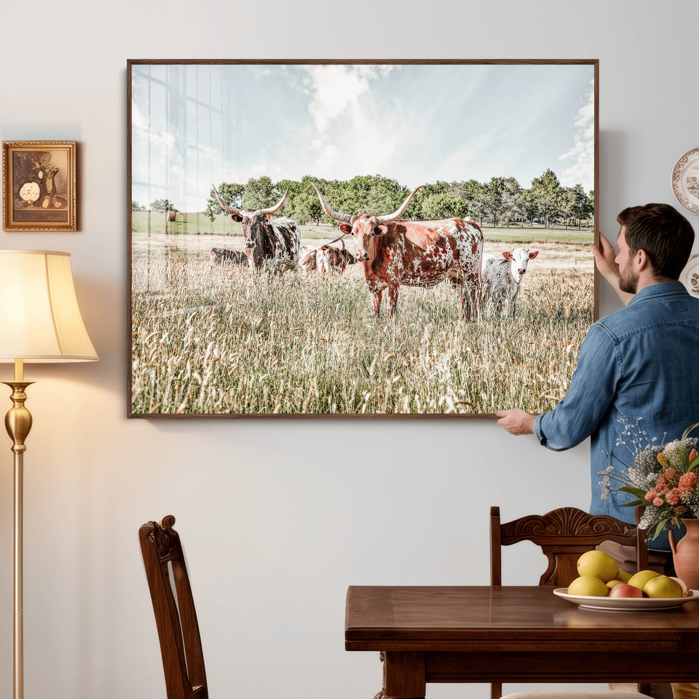 21823552-MGV-CV-36X24 - Texas Longhorn Cattle Wall Art Canvas Print, Rustic Ranch Landscape Artwork, Western Farm Field Scene, Country Prairie Animal Canvas Wall Art