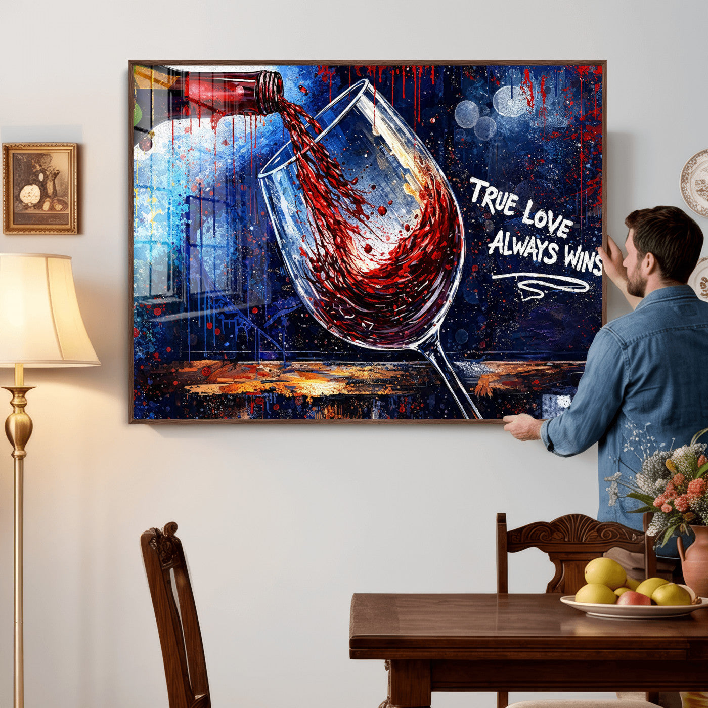 88788932-MGV-CV-36X24 - Red Wine Splash Abstract Wall Art Canvas Print, Modern Wine Glass Painting Canvas Print, Romantic Quote Contemporary Bar Art Print