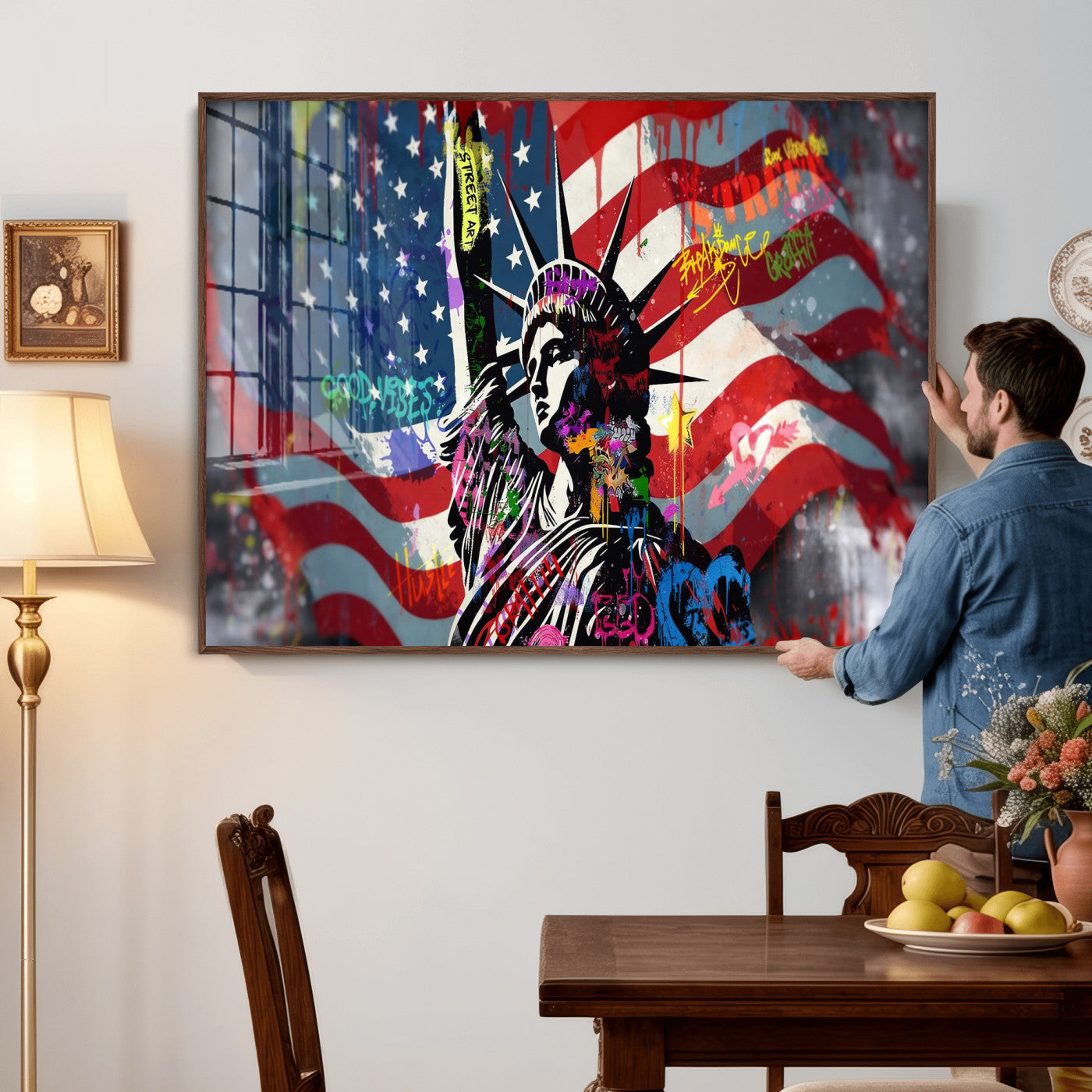 32151941-MGV-CV-36X24 - USA Statue of Liberty Graffiti Street Art Wall Art Canvas Print, American Flag Urban Pop Art Canvas Print, Modern Patriotic Street Art Contemporary Art Printing