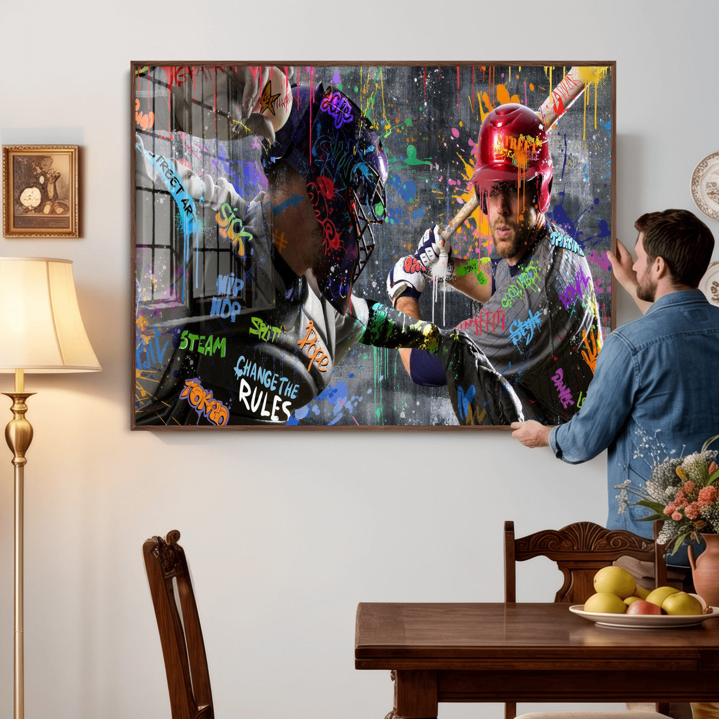 19634994-MGV-CV-36X24 - Graffiti Baseball Player Street Art Wall Art Canvas Print, Urban Sports Pop Art Baseball Canvas Print, Modern Athletic Graffiti Contemporary Art Printing