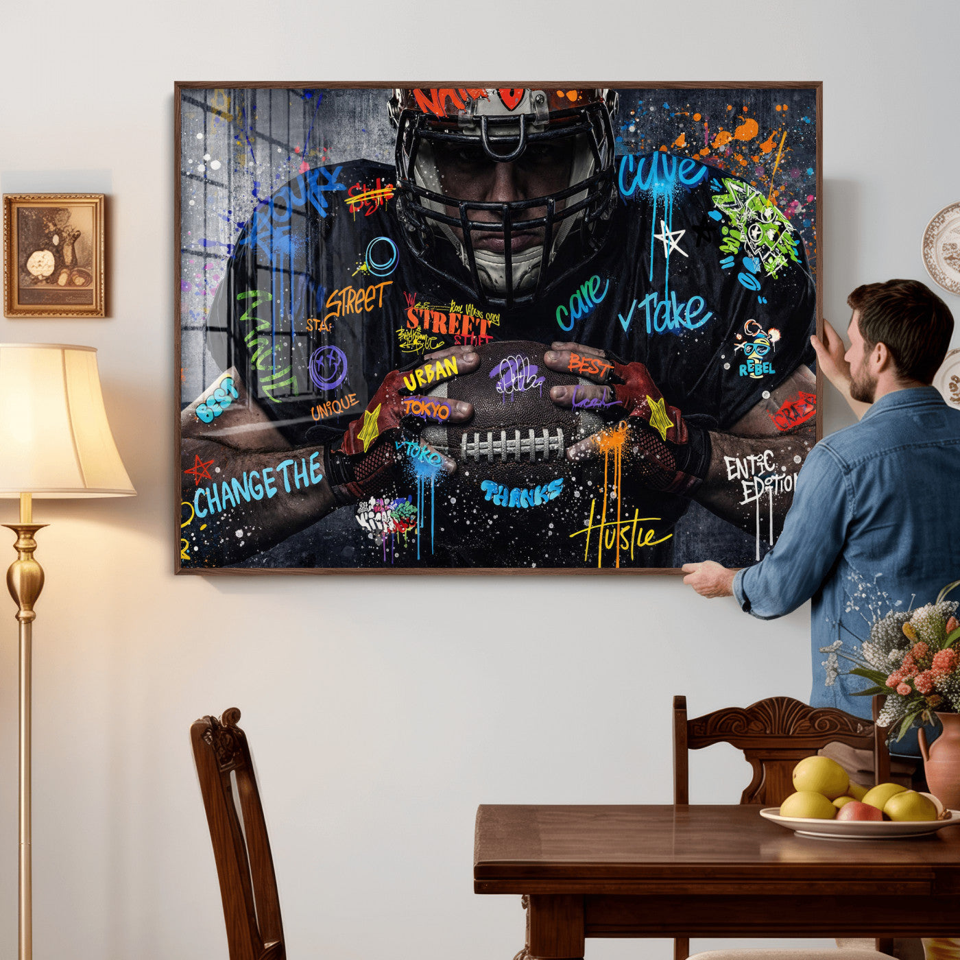55267256-MGV-CV-36X24 - Graffiti American Football Player Street Art Wall Art Canvas Print, Urban Sports Pop Art Football Canvas Print, Modern Athletic Graffiti Contemporary Art Printing