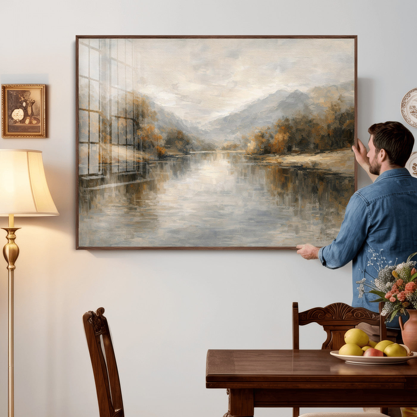 29251761-MGV-CV-36X24 - Neutral Abstract River Landscape Wall Art Canvas Print, Modern Minimal Nature Reflection Canvas Print, Beige Gray Contemporary Mountain Art Printing