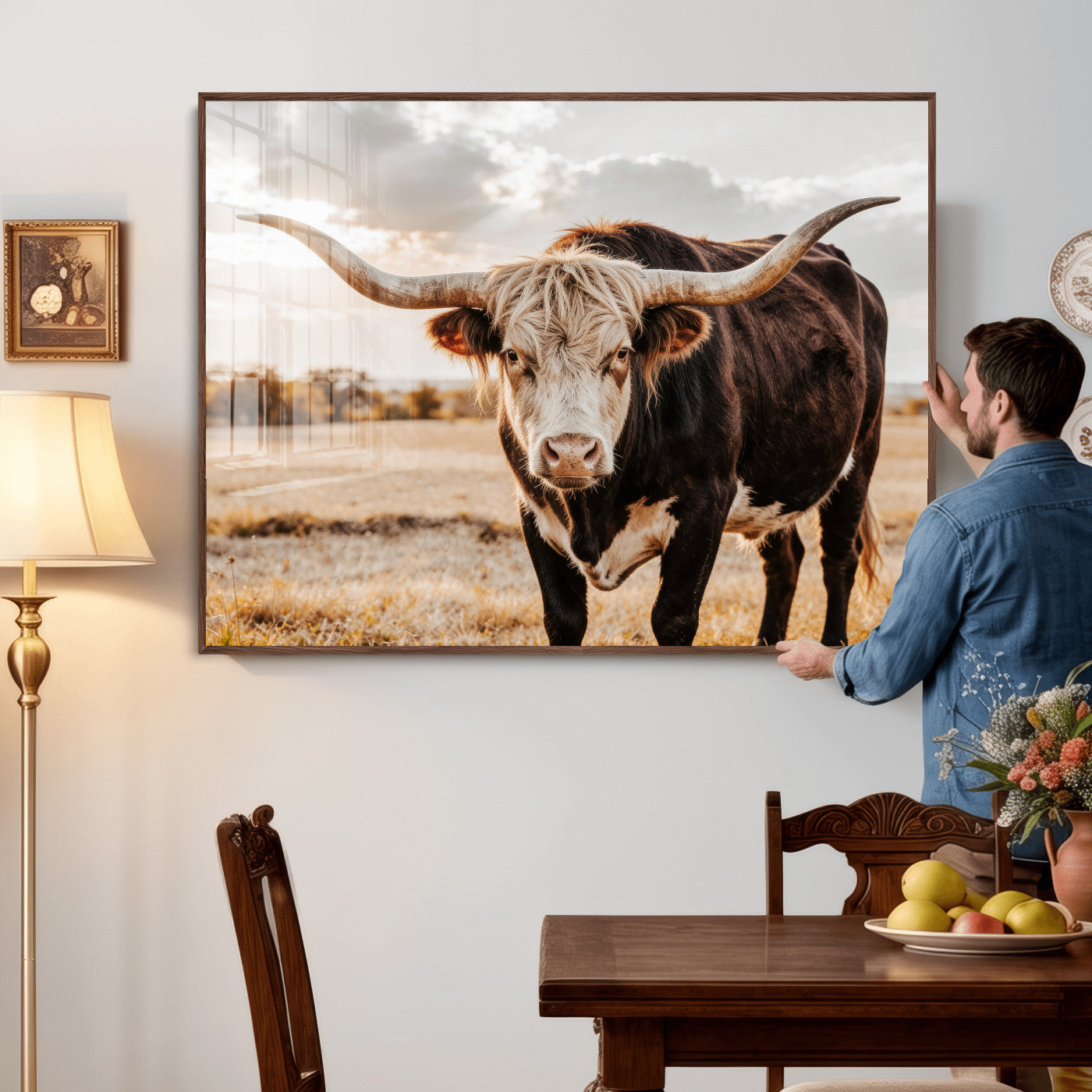 88230279-MGV-CV-36X24 - Texas Longhorn Bull Rustic Wall Art Canvas Print, Western Cattle Photography Canvas Print, Ranch Farm Animal Western Art Printing