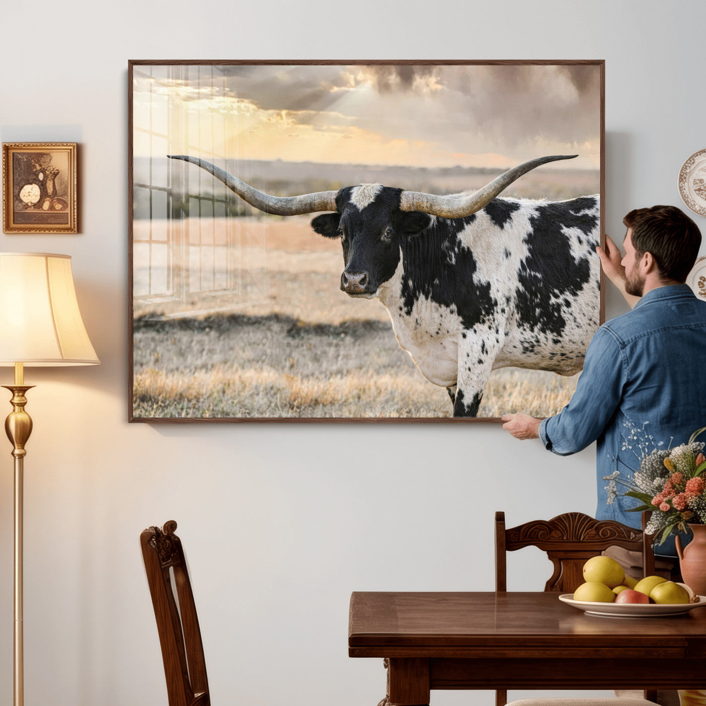 49350433-MGV-CV-36X24 - Texas Longhorn Bull Rustic Wall Art Canvas Print, Western Cattle Photography Canvas Print, Ranch Farm Animal Western Art Printing
