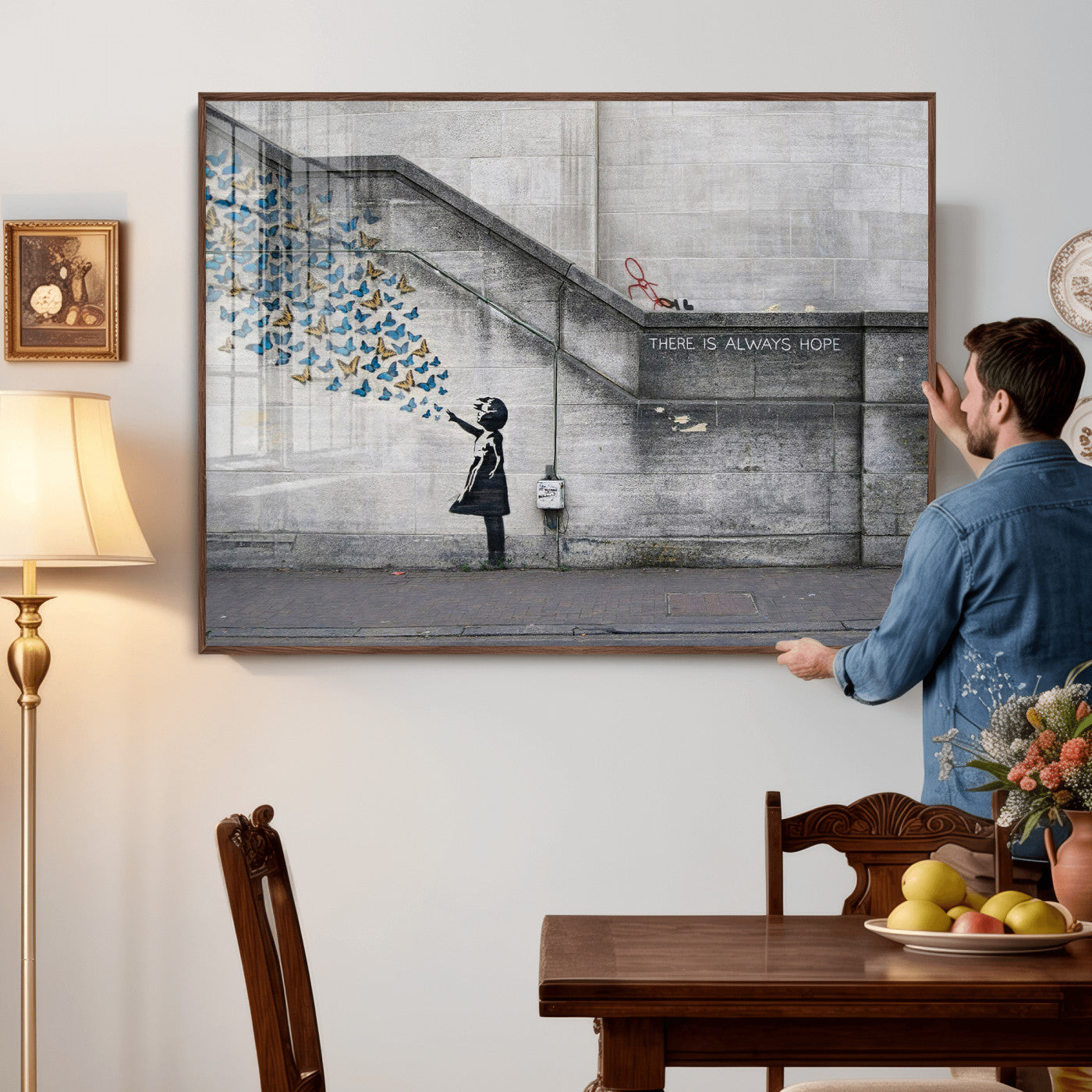 15274223-MGV-CV-36X24 - Banksy Girl with Butterflies Street Art Wall Art Canvas Print, Hope Graffiti Urban Art Canvas Print, Minimalist Inspirational Street Art Contemporary Art Printing