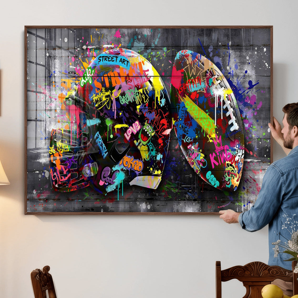 80540773-MGV-CV-36X24 - Graffiti American Football Helmet Street Art Wall Art Canvas Print, Urban Sports Pop Art Football Canvas Print, Colorful Graffiti Sports Contemporary Art Printing